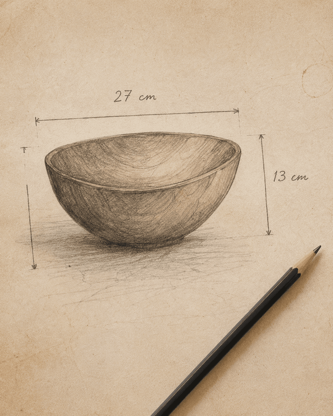 Bleistiftskizze einer gedrechselten Holzschale mit Maßangaben 27 cm Breite und 13 cm Höhe auf Pergamentpapier