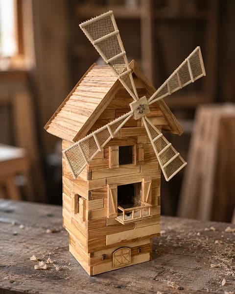 Hände schnitzen mit einem Stechbeitel eine Holzscheibe, umgeben von Holzspänen auf der Werkbank