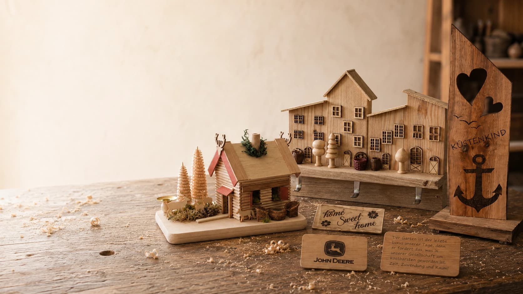 Handgefertigte Holzunikate aus Tribsees – Schale, Gravurschild „Willkommen am Tribseeser“, Vogelhaus und Holzlettering auf der Werkbank