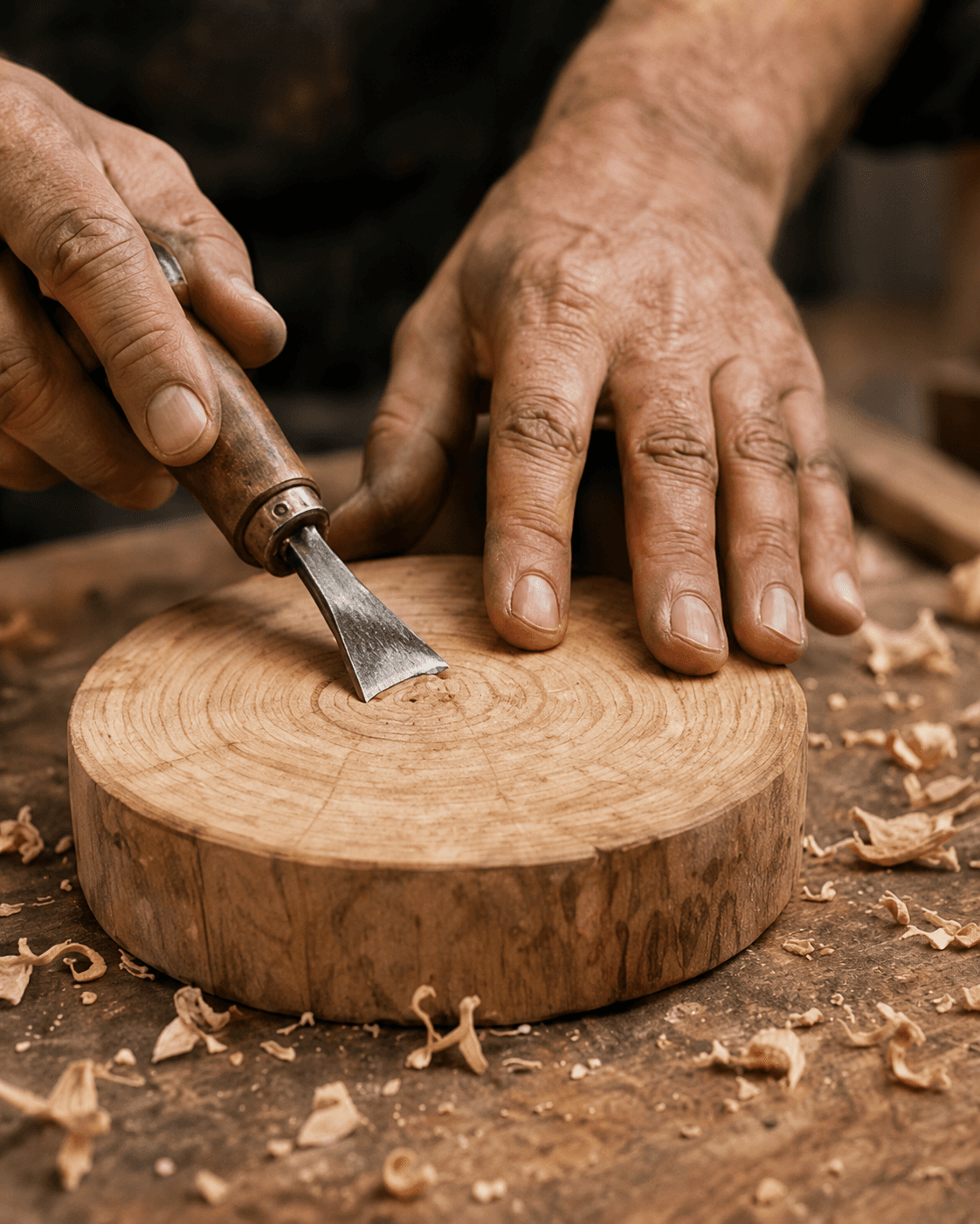 Hände schnitzen mit einem Stechbeitel eine runde Baumscheibe, umgeben von Holzspänen