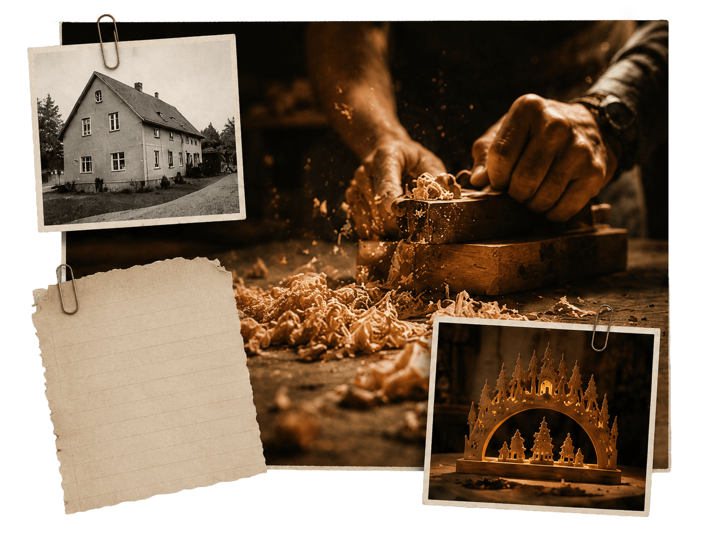Werkstatt-Collage: altes Foto des Elternhauses, ein Werkstattzettel, Hände beim Hobeln mit fliegenden Holzspänen und ein beleuchteter Schwibbogen