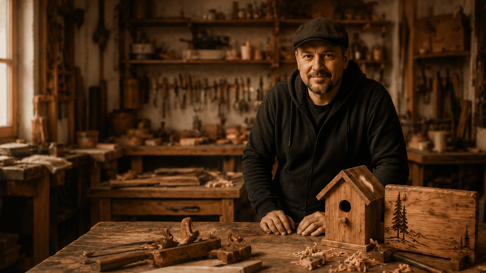 Tino, Holzhandwerker aus Tribsees, in seiner Werkstatt an der Werkbank mit Vogelhaus und graviertem Holzschild