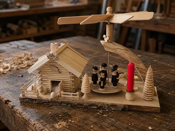 Weihnachtspyramide aus Holz mit Hütte, Chorfiguren, roter Kerze und Flügelrad