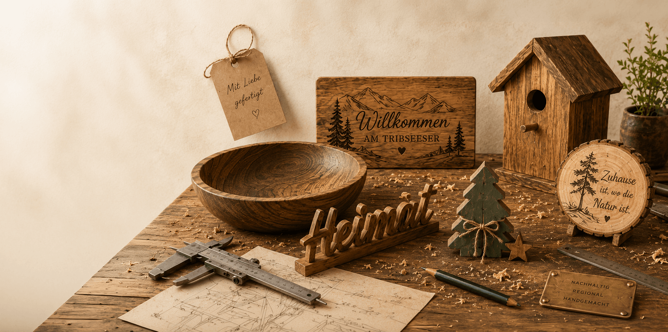 Werkstücke aus Tribsees auf der Werkbank: gedrechselte Schale, graviertes Holzschild „Willkommen am Tribseeser“, Vogelhaus, Holzschriftzug „Heimat“, Baumscheibe und Skizzen
