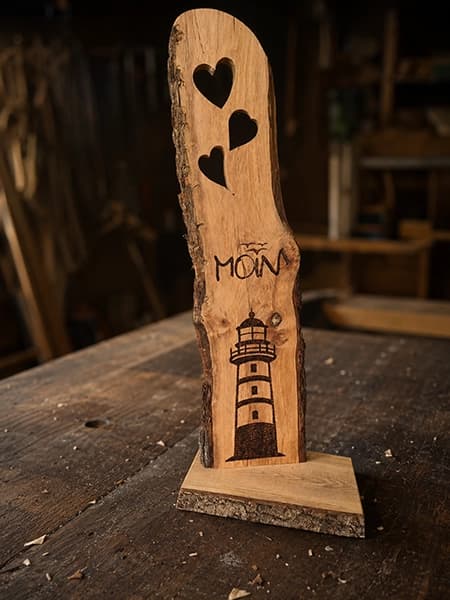 Holzschild mit Rindenkante, Herzausschnitten, Möwen und graviertem Leuchtturm