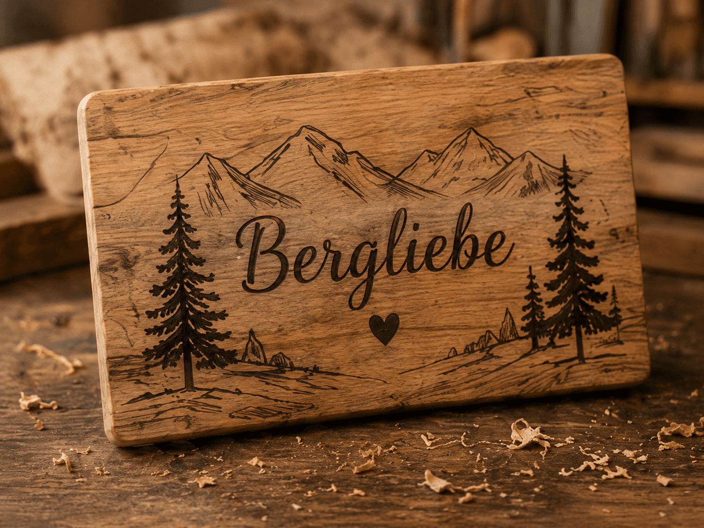 Holzschild mit graviertem Bergmotiv und Schriftzug „Bergliebe“