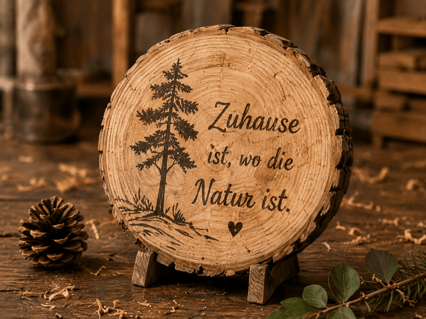 Runde Baumscheibe mit Gravur „Zuhause ist, wo die Natur ist.“ auf einem Holzständer