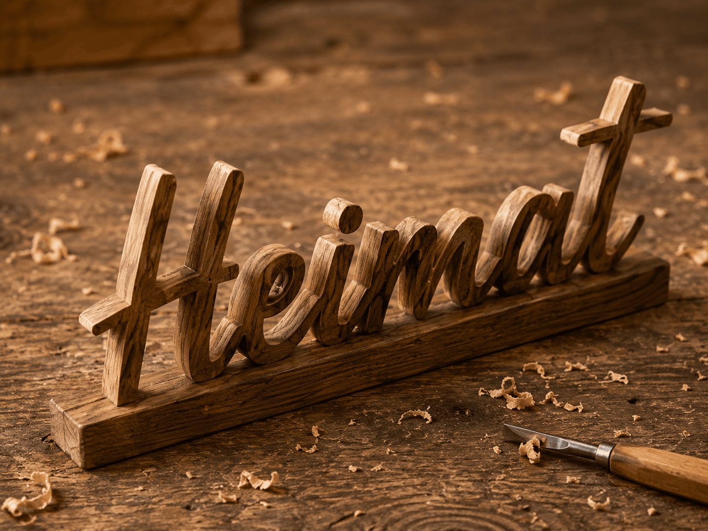 Holzschriftzug „Heimat“ aus Eiche auf der Werkbank