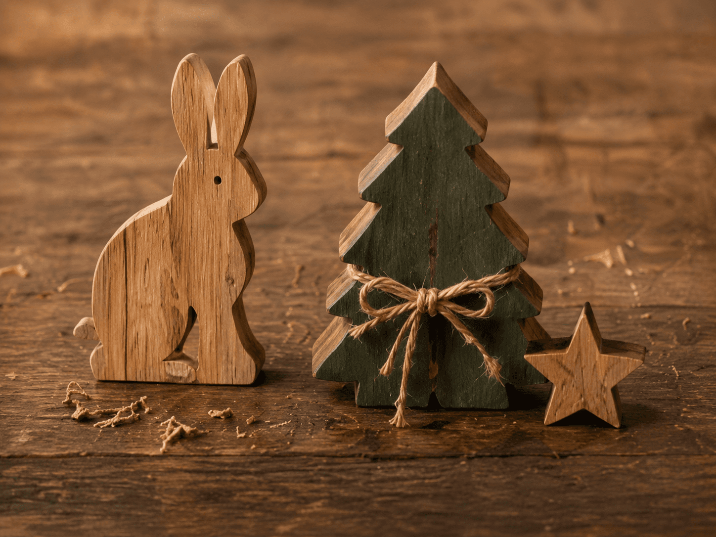 Saisonale Holzdeko: Hase, Tannenbaum und Stern aus Holz