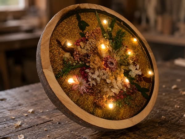 Runde Holzscheibe mit Harz, eingearbeiteten Blüten und warmen Lichtern