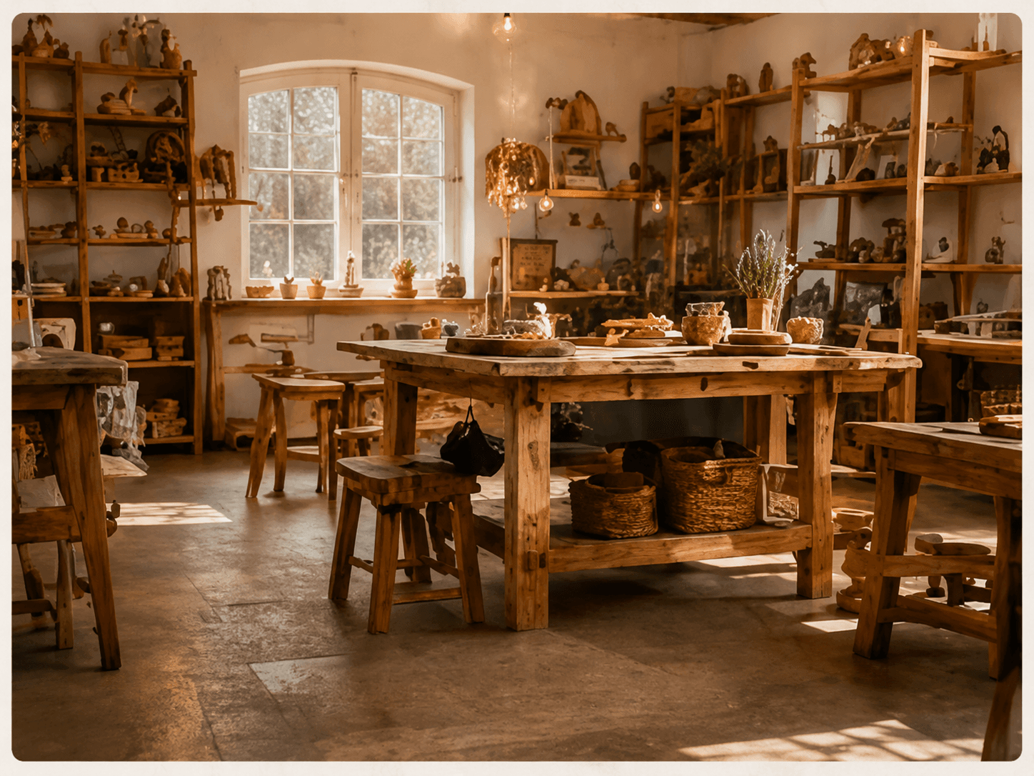 Blick in die helle Werkstatt in Tribsees mit Hobelbänken, Regalen voller Holzobjekte und warmem Tageslicht