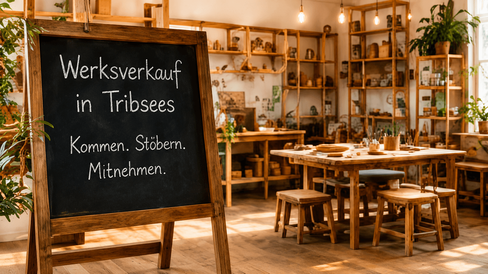 Kreidetafel „Werksverkauf in Tribsees – Kommen. Stöbern. Mitnehmen.“ in der hellen Werkstatt