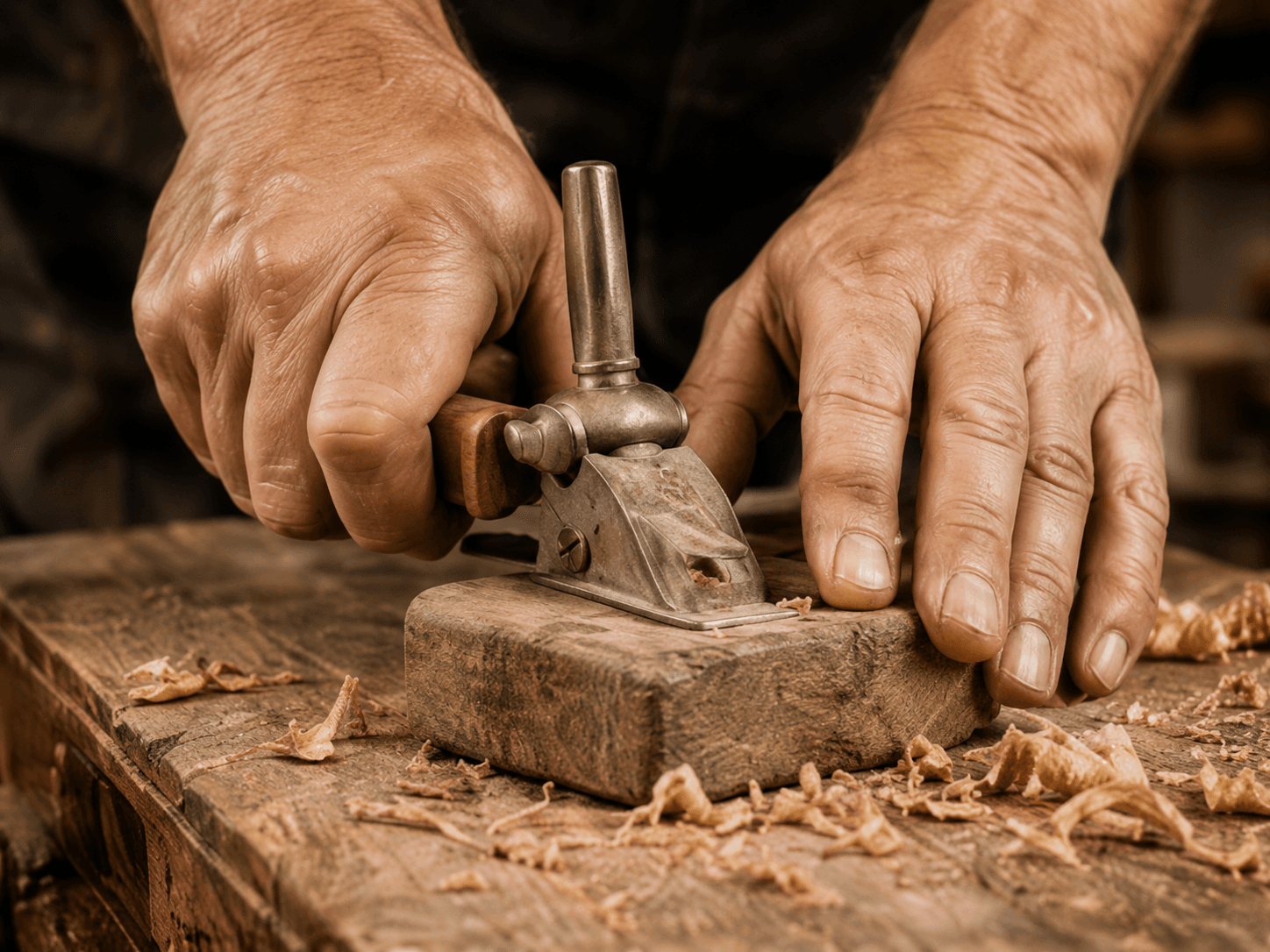 Hände, die mit einem Handhobel ein Stück Holz bearbeiten, umgeben von Holzspänen
