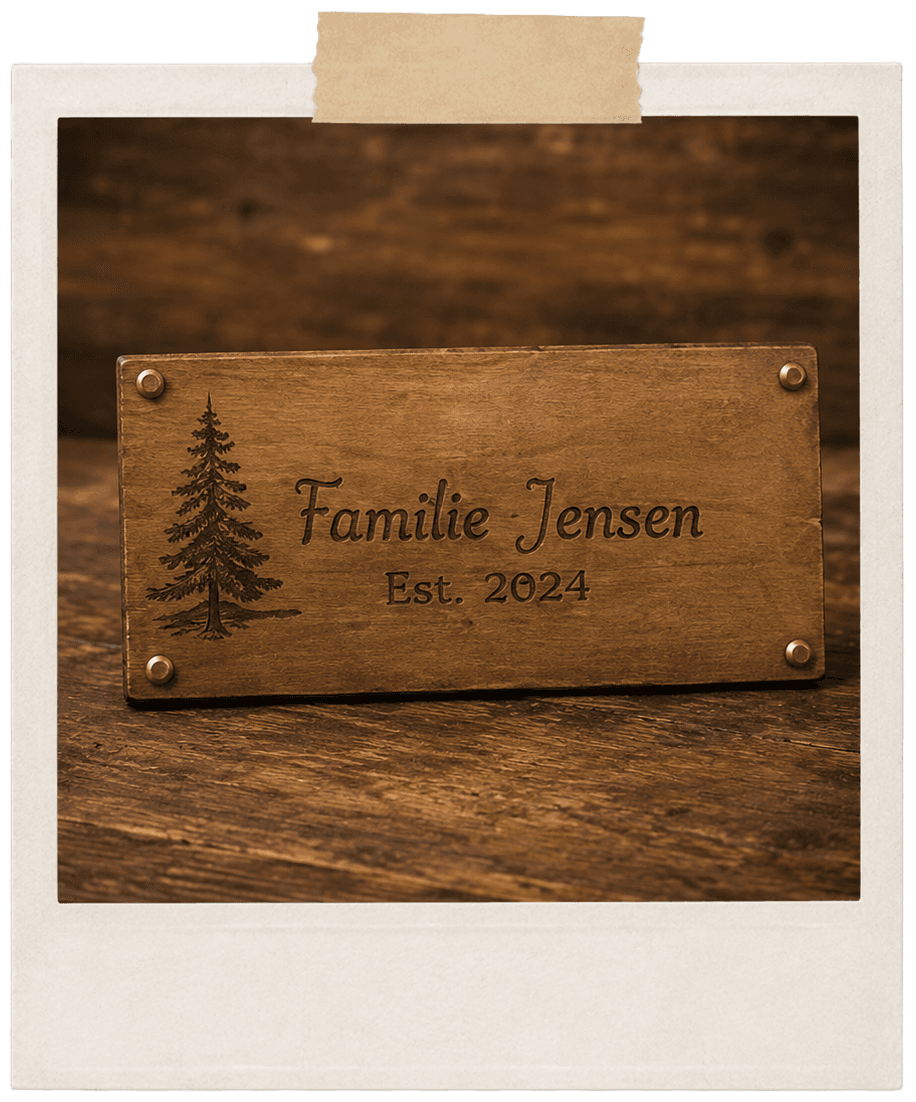 Graviertes Holzschild „Familie Jensen, Est. 2024“ mit Tannenmotiv