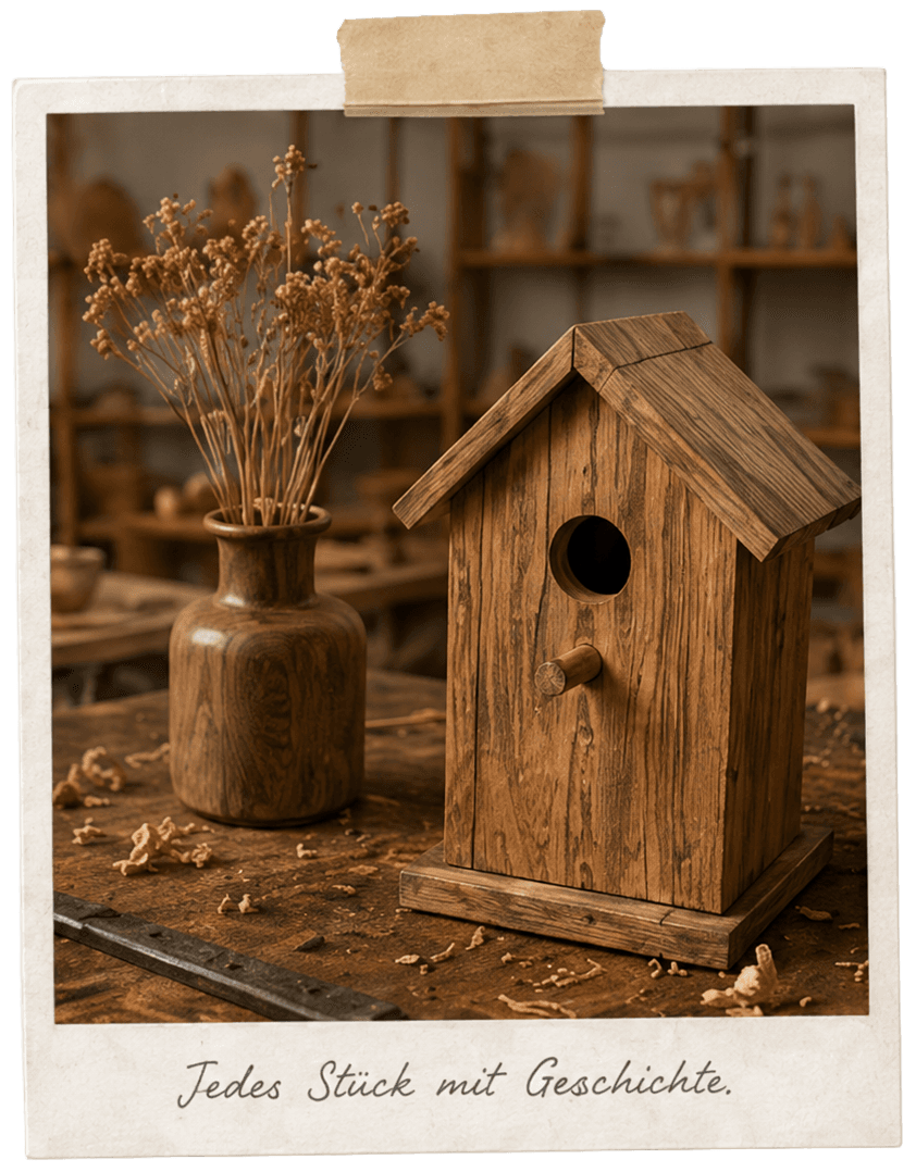 Handgefertigtes Vogelhaus aus Massivholz neben einer Vase mit Trockenblumen