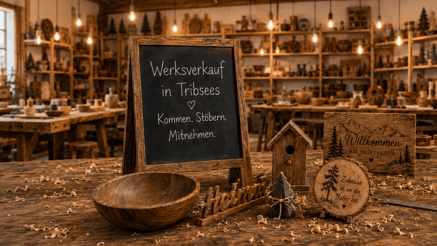 Werksverkauf in Tribsees: Kreidetafel vor der warmen Werkstatt mit Holzregalen, gedrechselter Schale, Vogelhaus und Gravurschildern auf der Werkbank
